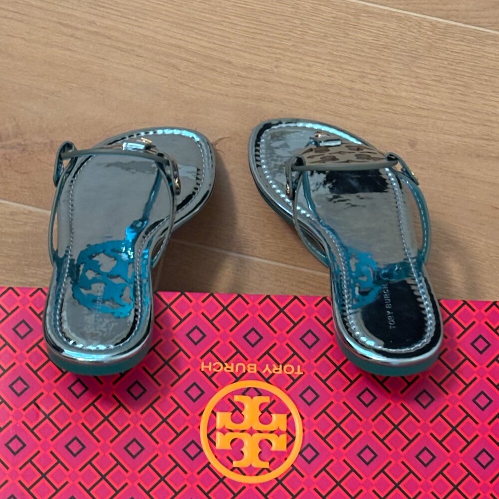 Tory Burch Miller Mirrored Metallic Sandal- Teal Color - Picture 9 of 11